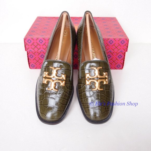 NIB Tory Burch Eleanor Heeled Loafer Croc Embossed Leather Leccio Green US7.5 - Picture 5 of 13